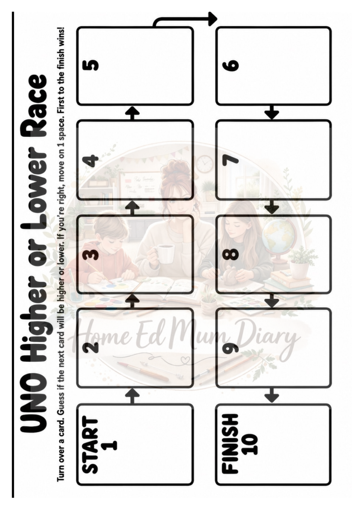 UNO Higher or Lower Race printable game sheet preview