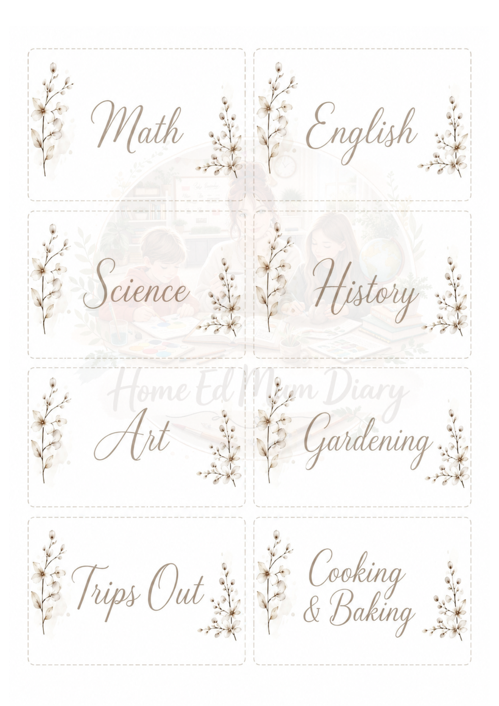Home Education 12 Pocket Folder Subject Inserts PDF Instant Download