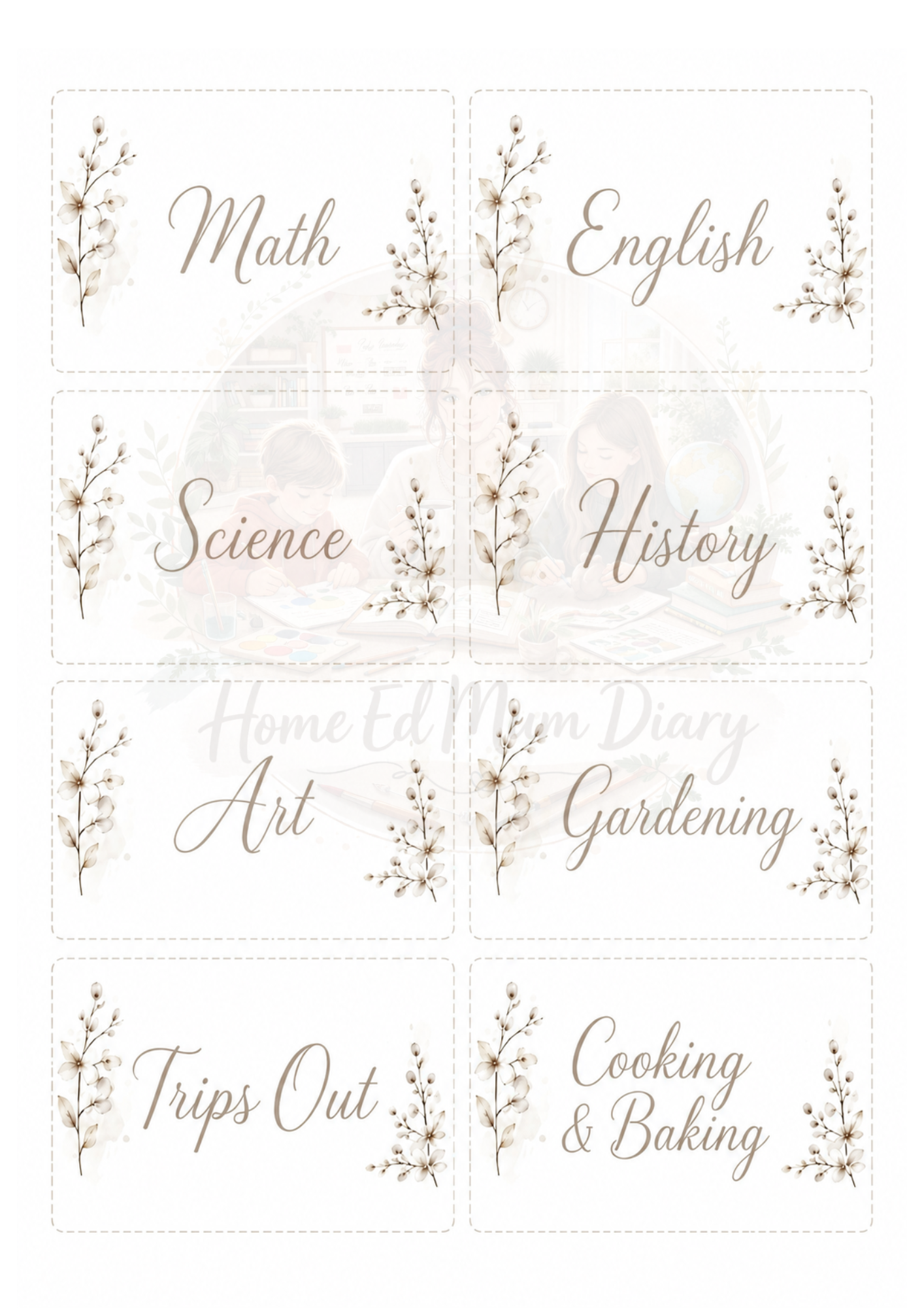 Home Education 12 Pocket Folder Subject Inserts PDF Instant Download
