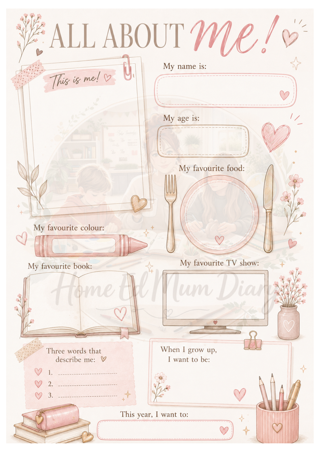 All About Me Worksheet – Home Education PDF Instant Download