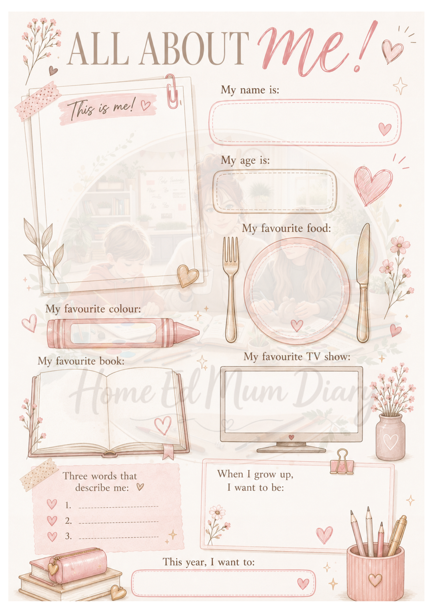 All About Me Worksheet – Home Education PDF Instant Download