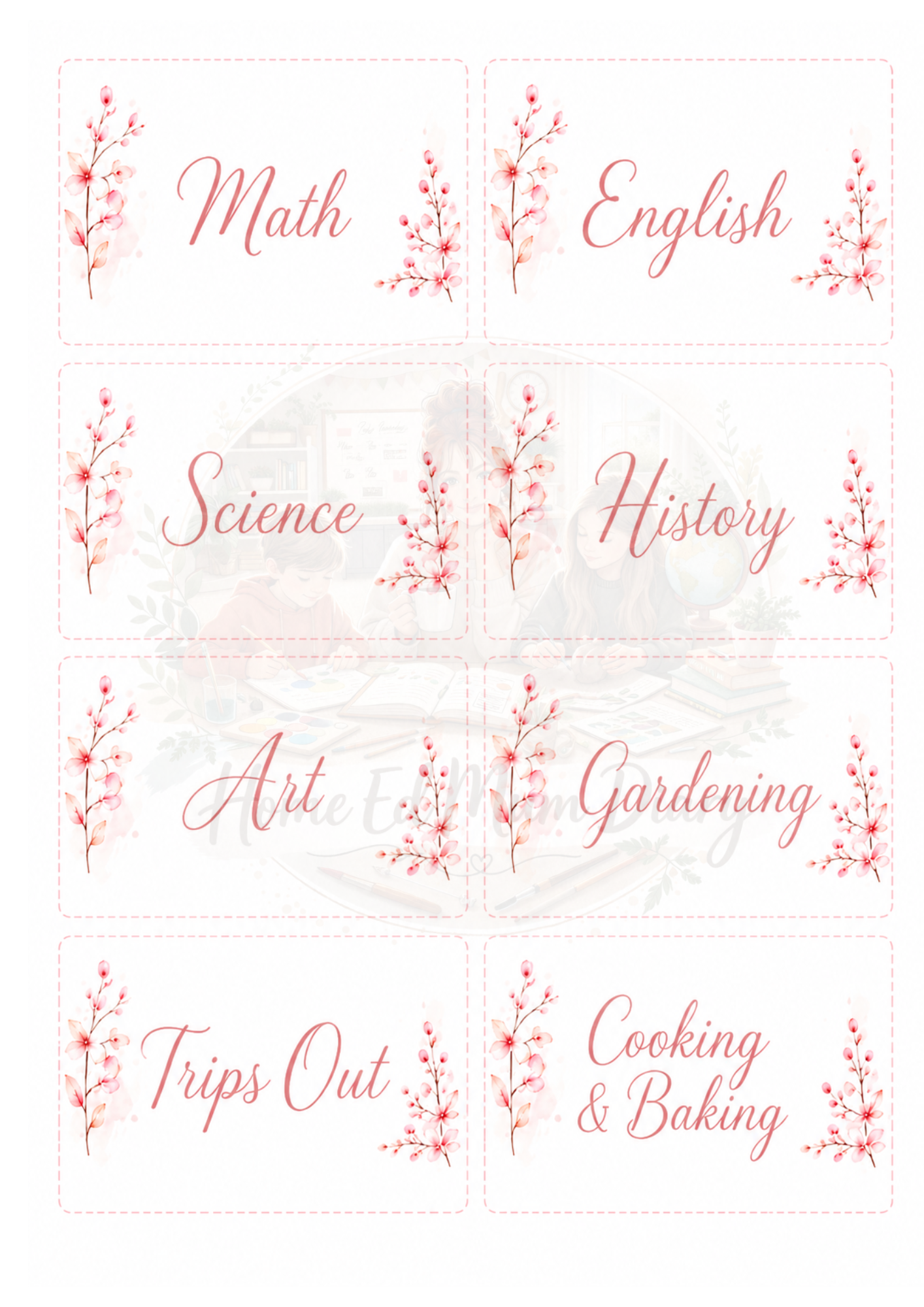 Home Education 12 Pocket Folder Subject Inserts PDF Instant Download